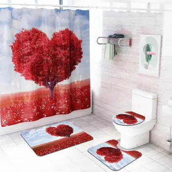 

4pcs/set Bathroom Decor Accessories Fabric Shower Curtains Screen Anti Slip Bath Mat Carpet Toilet Cover Mug Heart Trees YLS13