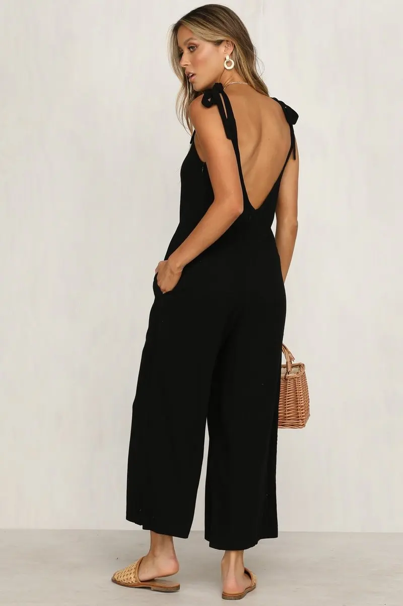 Women's Spring and Summer Fashion Women's Women's Sexy Strap Solid Color Straight Loose Jumpsuit Rompers Womens Jumpsuit  0524