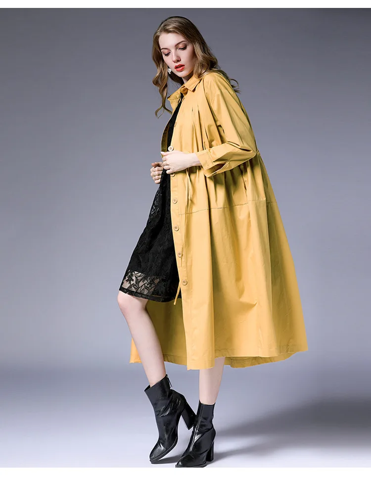 

New--2019 female new spring and summer plus size solid color casual long waist slim loose windbreaker in silhouette trench