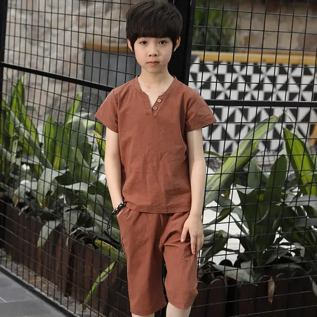 Teenage Big Boys Clothing Set Ribbed Fitted Short Sleeve Linen Children