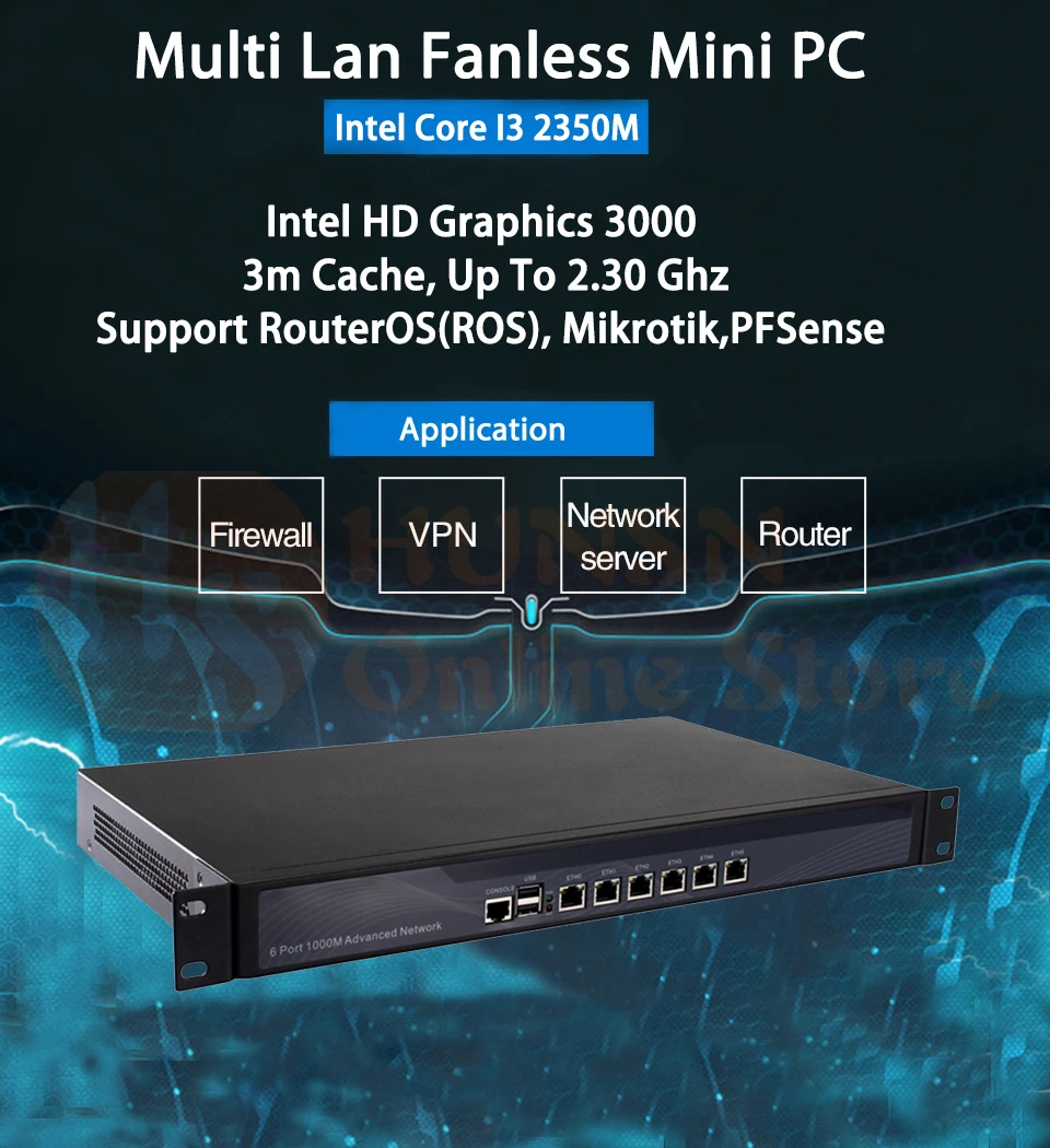 Брандмауэр Mikrotik Pfsense сети VPN Security Appliance маршрутизатор ПК Intel Core I3 2350 м, [HUNSN RS11], (6Lan/2USB/1COM/1VGA)