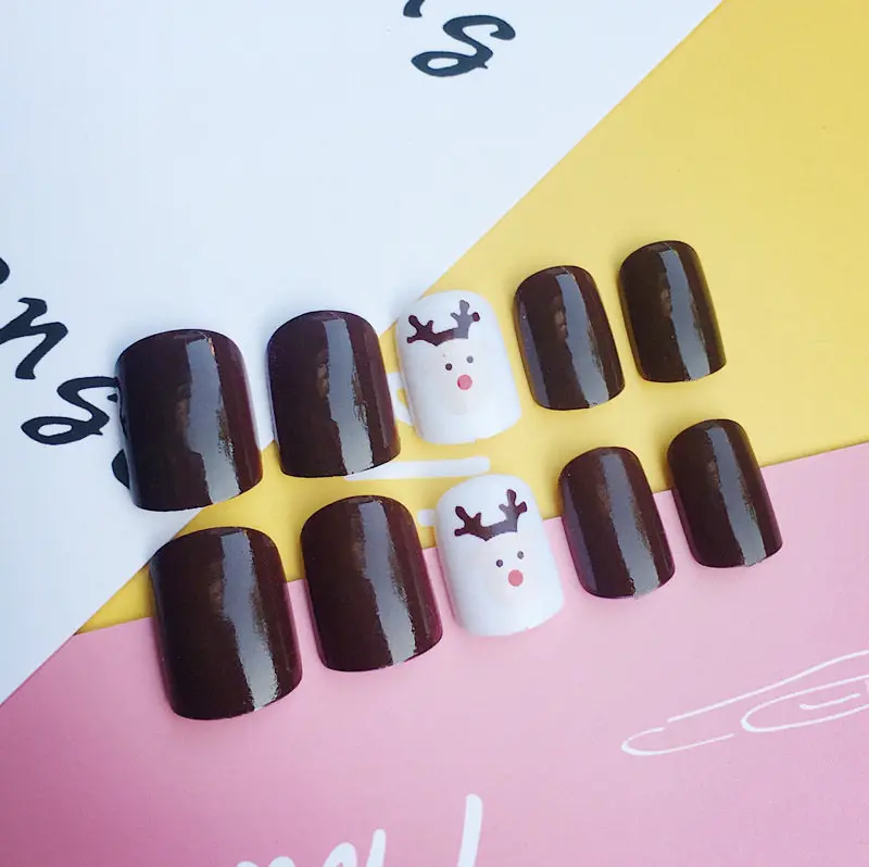 New-24pcs-Coffee-color-white-elk-wapiti-design-False-fake-Nail-Tip-short-square-Finished-nail