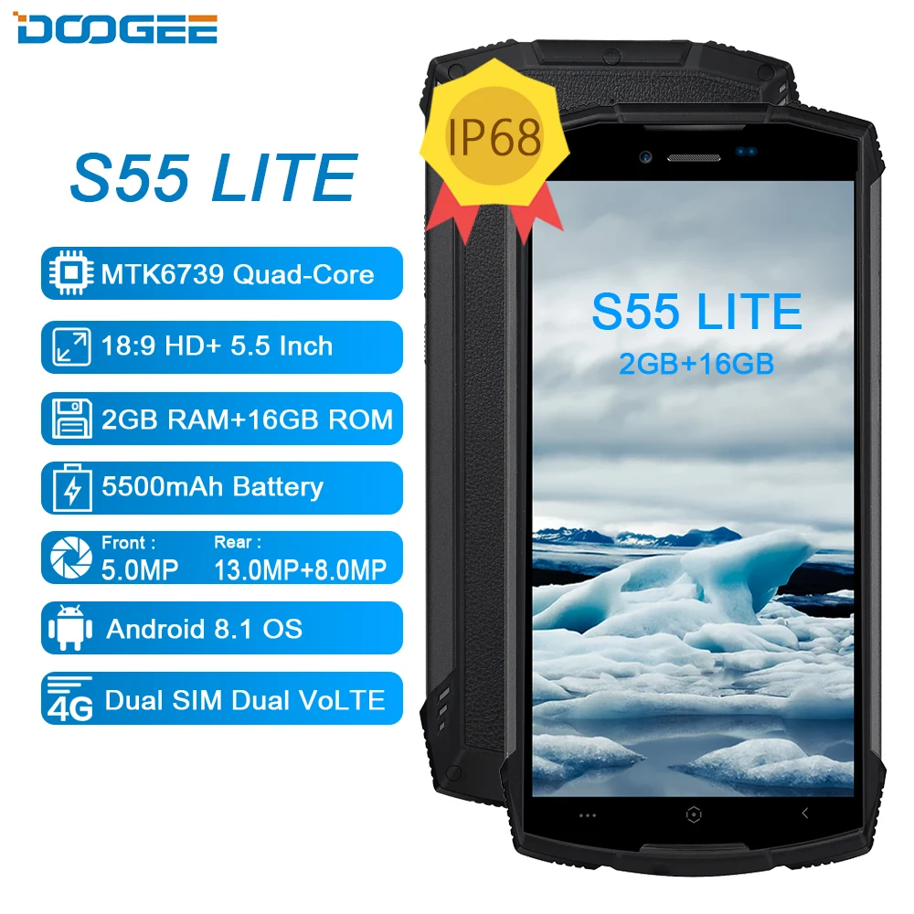 DOOGEE S55 Lite IP68 водонепроницаемый смартфон 2 Гб ОЗУ 16 ПЗУ 5500 мАч 13 0 МП MTK6739 Dual SIM 4G VoLTE 5