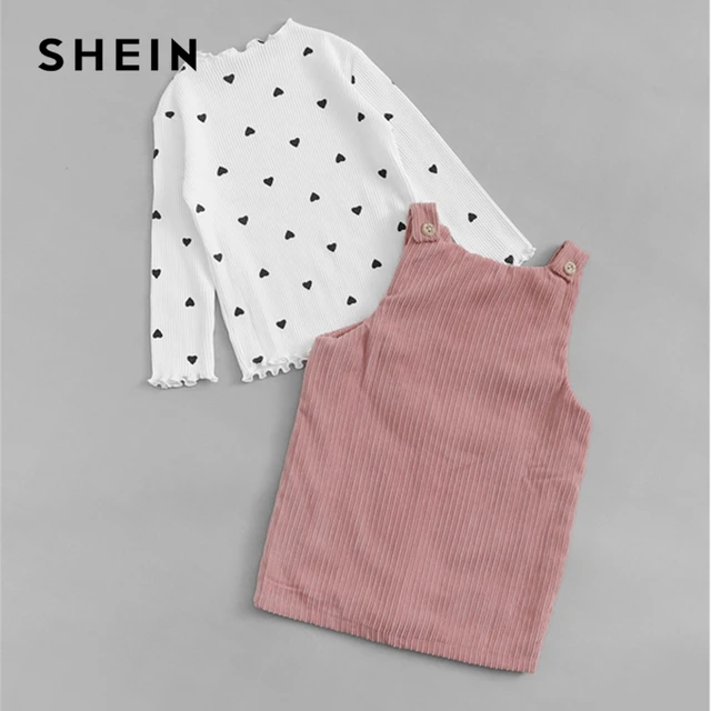 SHEIN Kiddie/белая трикотажная футболка с отделкой в рубчик для маленьких девочек, платье в Корейском стиле, комплект одежды 2019 года, Детские комплекты с длинными рукавами
