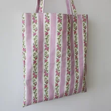 Абсолютно ручной работы хлопок льняной мешок для покупок переноски Tote с принтом в полоску цветок розовый D09