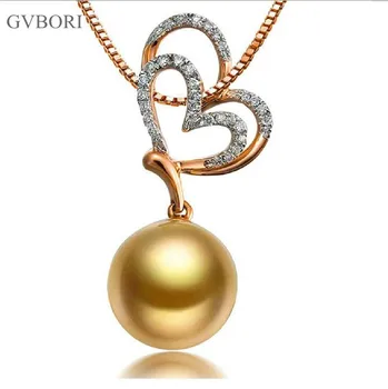 

Romantic 18K Yellow Gold Natural Southsea Gold Pearl Diamond Pendant For Women Wedding Heart Jewelry diamond pearl pendant
