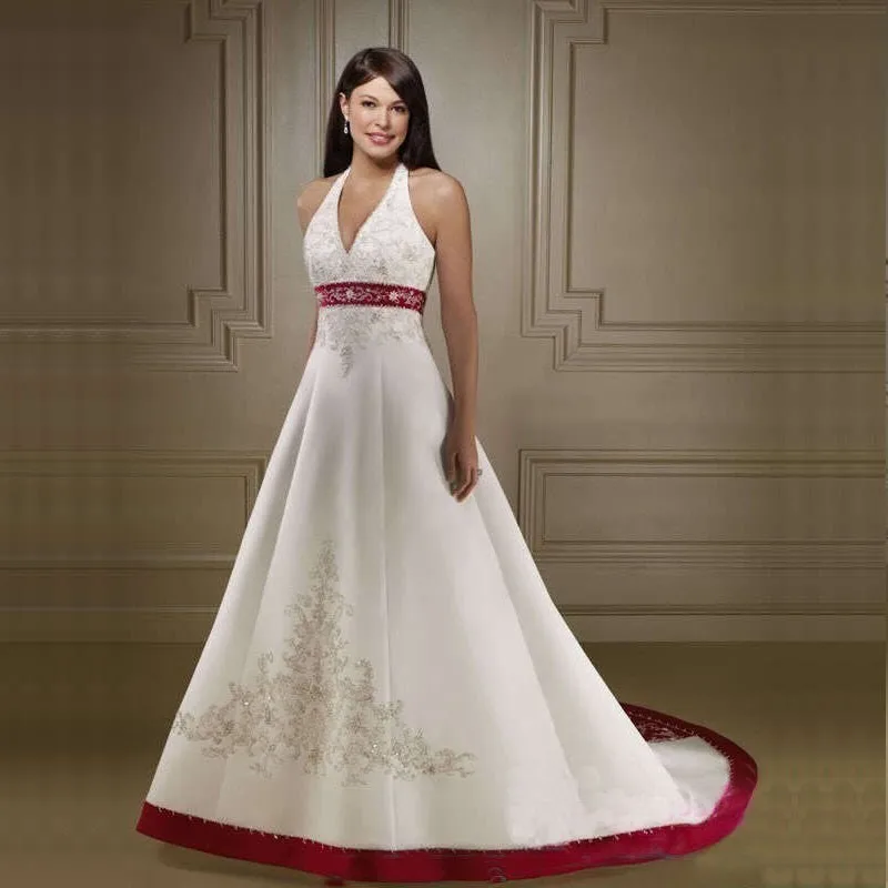 Don's Bridal Halter White And Red Embroidery 2017 Lace-up Wedding Gowns Bride Dress Vestido Novia Robe De Soiree Vintage