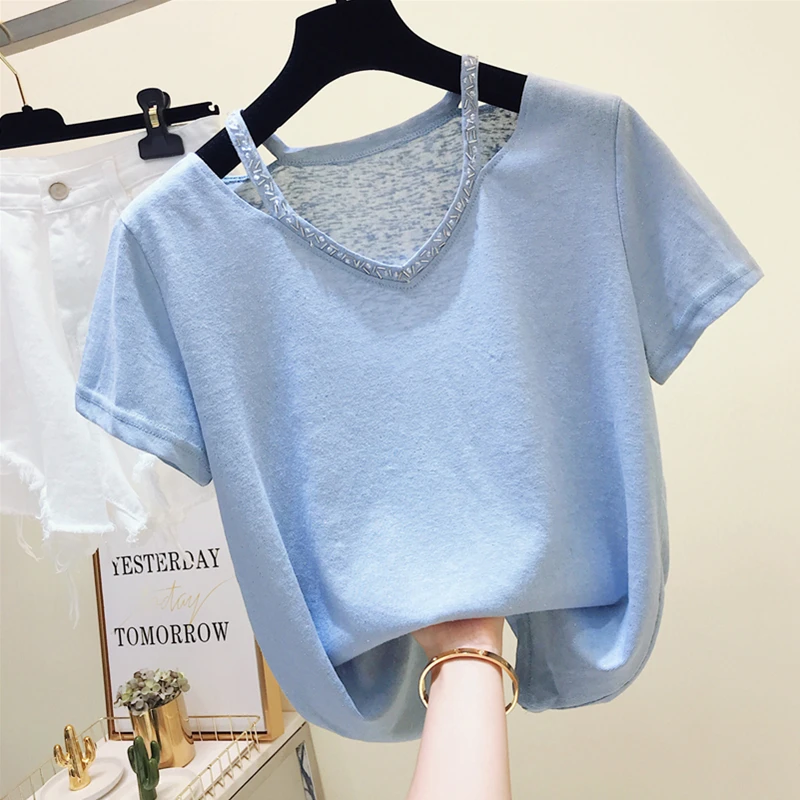 

New Ice-silk Knitted T-shirt for Women Summer 2019 Women Short Sleeves V-collar White Loose Bright Silk Tshirt Ins Jacket Tops