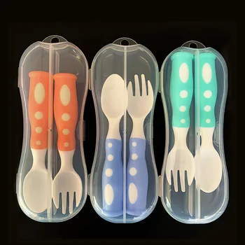 

1PC Travel Spoons Forks Bendable Feeding Training Non Slip Toddler Picnic Thick Eating Food Baby Tableware Set With Case PP Home