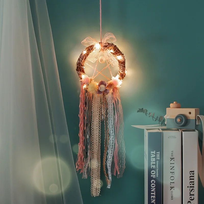 Dream Catcher Feather Girl Style Handmade Dreamcatcher With String Light Innovative Home Bedside Wall Hanging Decoration 1Pcs