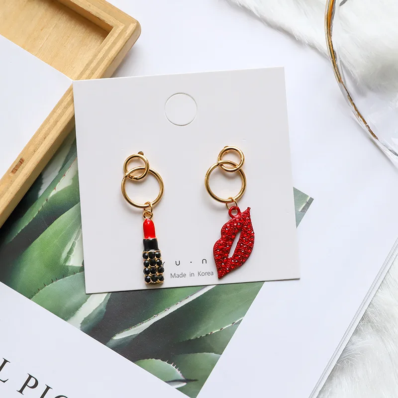 Fashion Asymmetric Sexy Red Lip Earrings Rhinestones Mouth Lipstick Gold s925 Needle Luxury Women Tassel Long Korean Jewelry J34