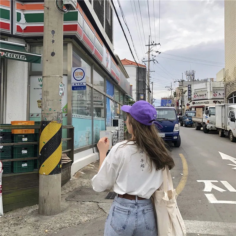 Simple Chinese letter purple causal college wind printed 2018 new light short sleeve cotton female tees