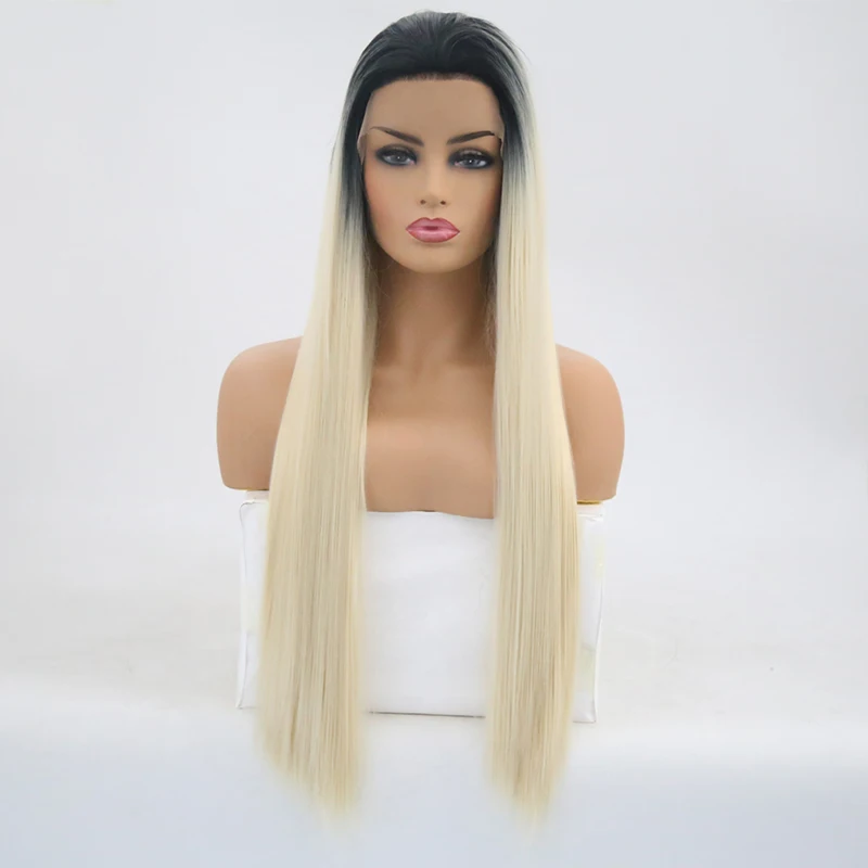 Charisma Ombre Blonde Wig Straight Hair Synthetic Lace Front Wig High Temperature Wigs with Black Roots Free Part Lace Wigs