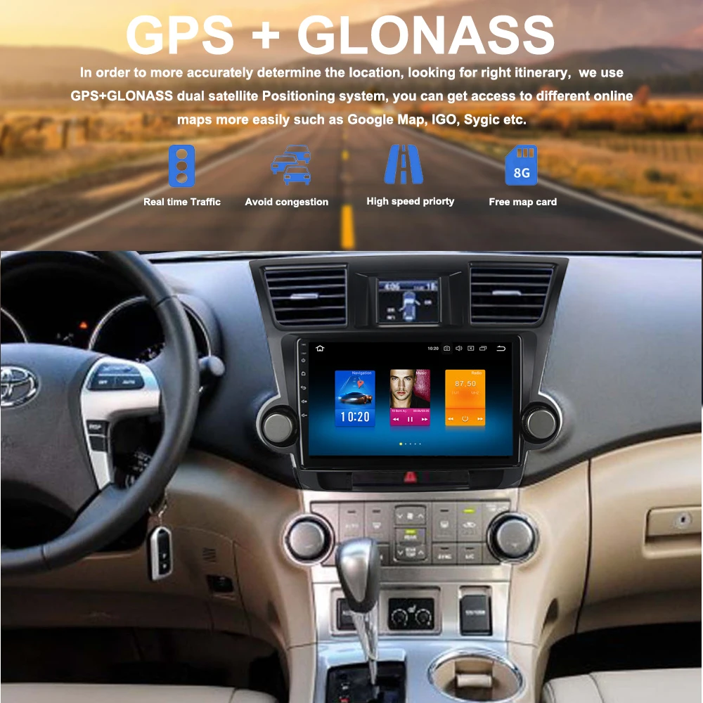 Автомобильный gps радио Android 8,0 для Toyota Highlander авто 2009 2010-2012 10," головное устройство стерео навигации Bluetooth AUX