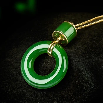 

S925 Silver inlaid jade pendant female and Tian Jasper Green jade chain spinach Emerald Item pendant yuhuan Necklace Sweater Ch