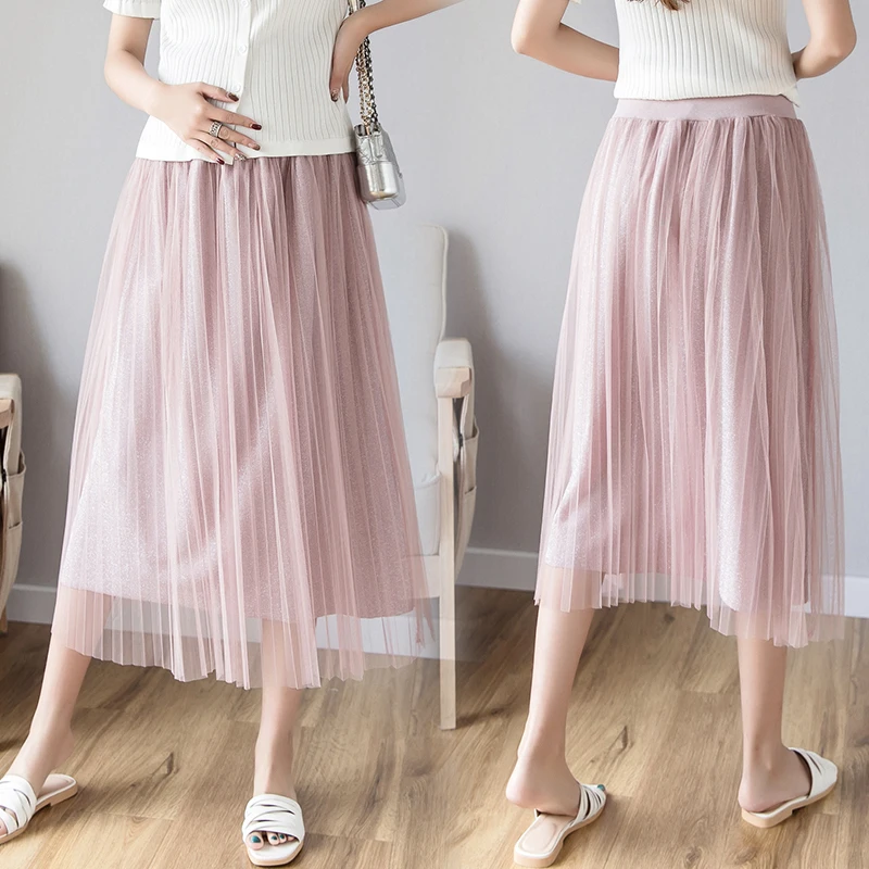 Solid Pleated Maternity skirts Clothes For Pregnant Women Pregnancy Clothing Mesh High waist skirt Gravidas Vestidos Summer