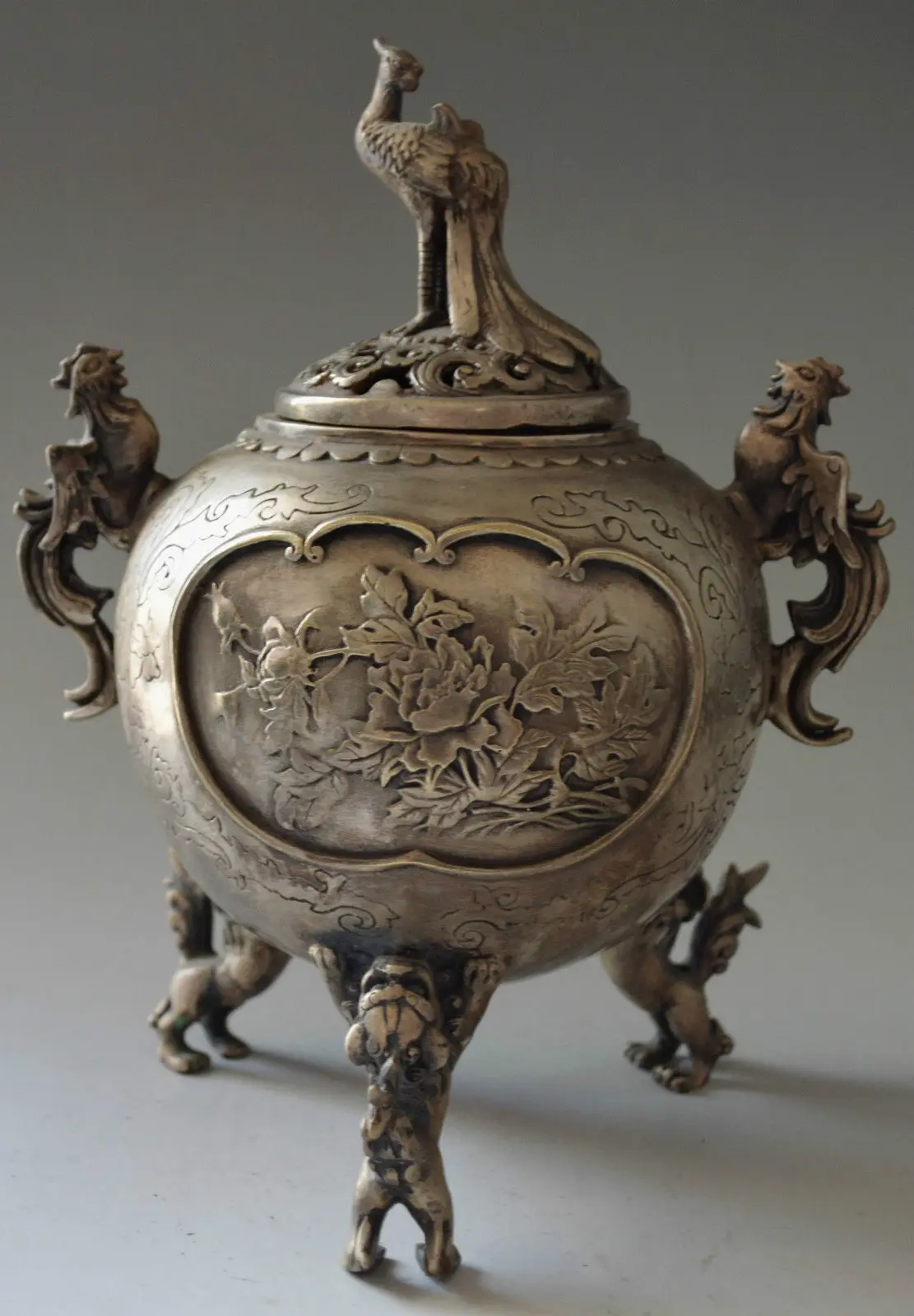 

Collectible Decor Silver Plate Copper Carved 3 Lion Hold Phoenix Incense Burner