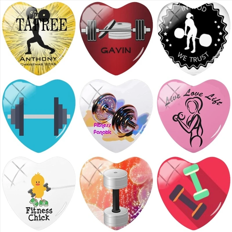 TAFREE Sports Dumbbell Heart Shape 25mm DIY Glass Cabochon Weightlifting Picture For Pendant Key Chains Necklace Jewelry