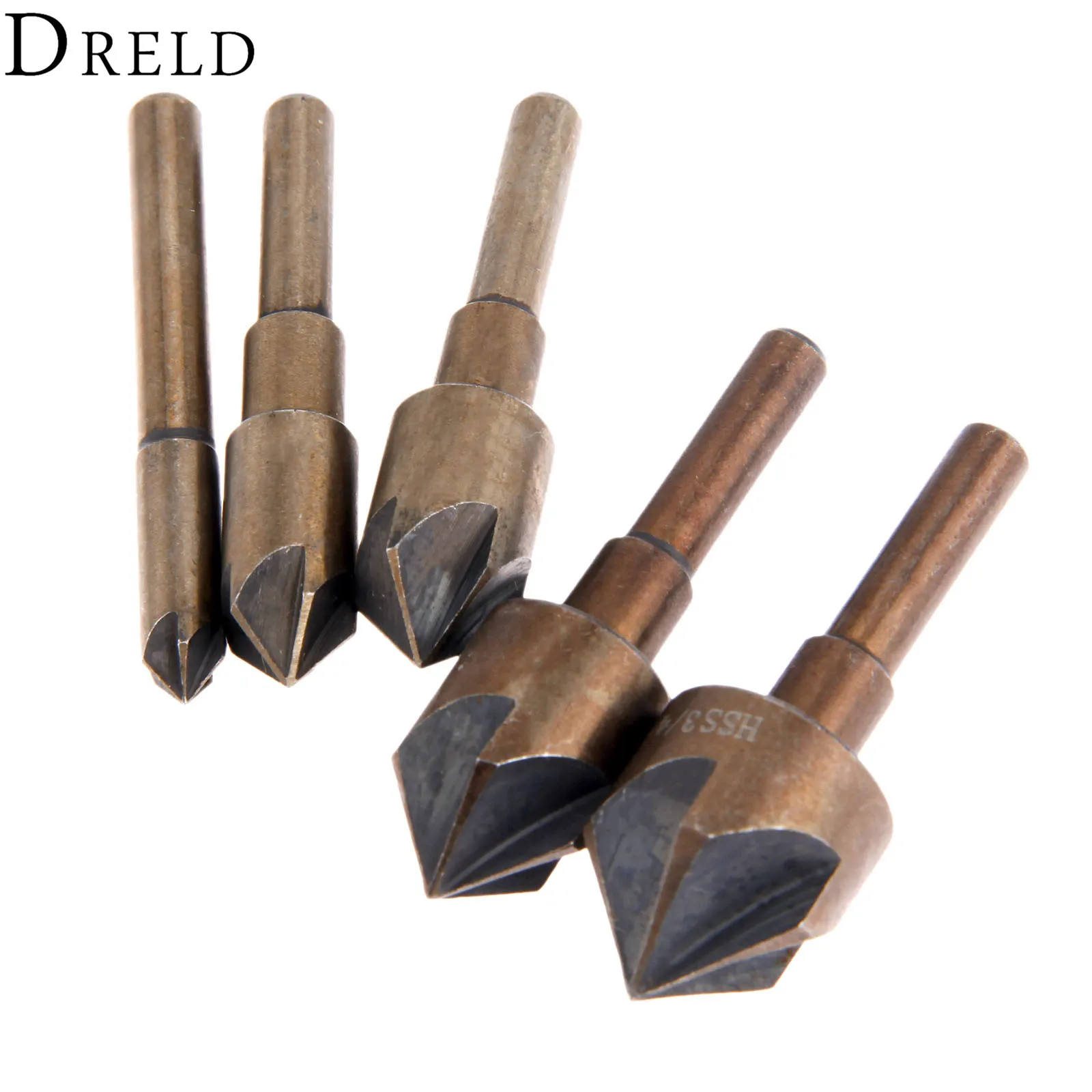 DRELD 5pcs Industrial HSS Countersink Drill Bit Set 5 Flutes Metal Working Chamfering Wood