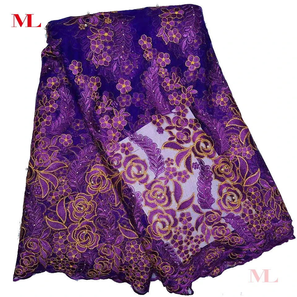 

ML 5Yards Lowest nigerian lace fabric 2018 high quality lace african Embroidered Royal Blue lace fabric Voile Rhinestones Beads