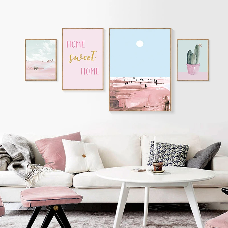 

Pink Poster Nordic Painting Landscape Wall Art Canvas Cactus Picture Abstract Canvas Print Scandinavian Home Decor Unframed