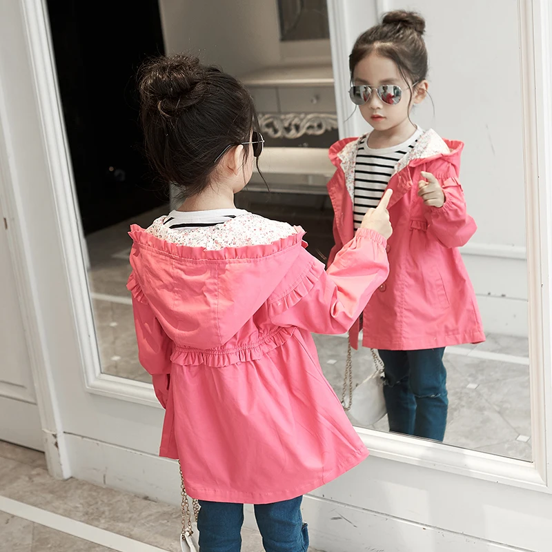 

Kids Girls Trench Autumn Spring Clothes Double-breasted Windbreaker For Princess Girl Hooded Outerwear For Children Baby Coats