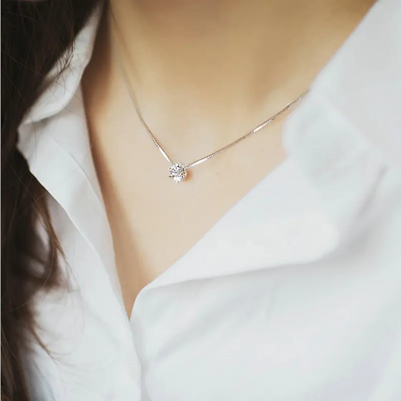 

Sterling Silver Crystal Necklace Female 1Ct Stone Pendant Fishline Chain Korea Short Paragraph Sweet Matching Neck Jewelry Gift
