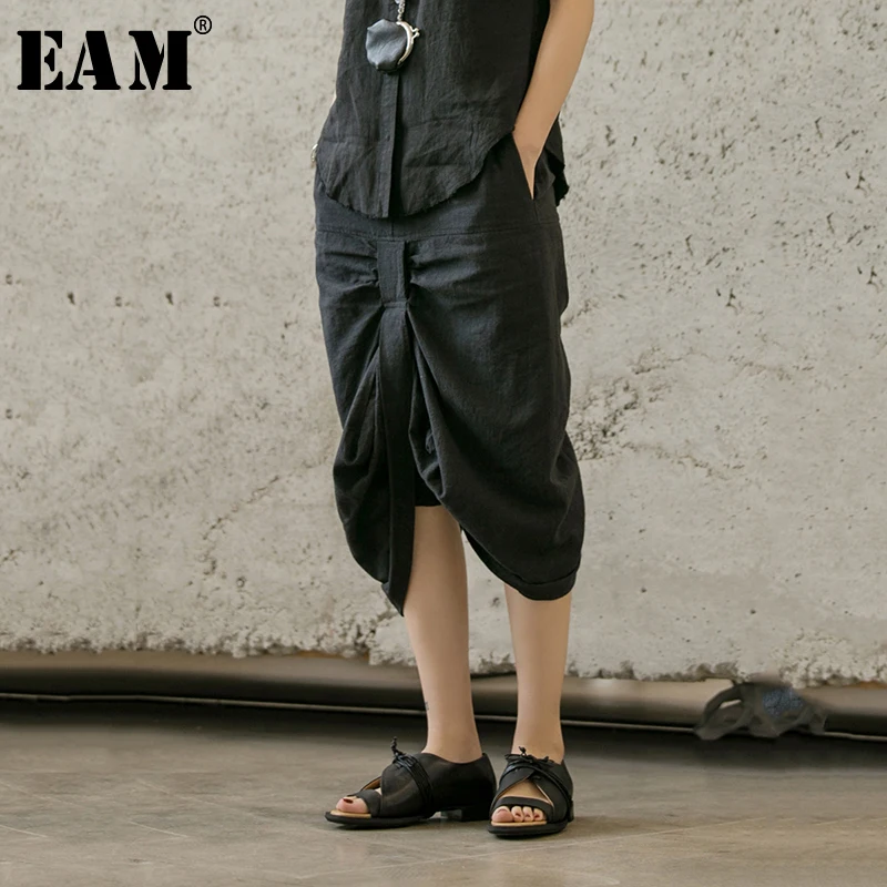 

[EAM] 2019 New Spring Summer High Waist Black Black Loose Fold Pleated Irregular Half-body Skirt Women Fashion Tide JX613