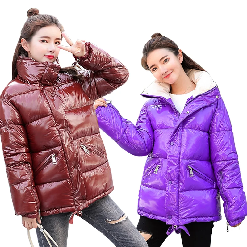 

ALMUERK 2019 Winter Shinny Women Bomber Jacket Parka Warm Coat Thick Stand Collar fur Medium Long Plus Size Big Padded