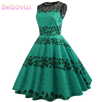 

Bebovizi Sleeveless 2019 Summer Hepburn 50s Vintage Casual Print Fashion Women Dresses Sexy Party Plus Size Mesh Stitching Dress