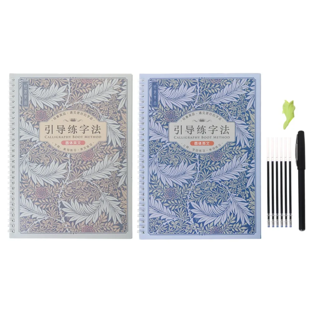 

2 English Reusable Groove Calligraphy Boot Method Alphabet Words Letters Practice Copybook With Pen Refills Set For Beginners