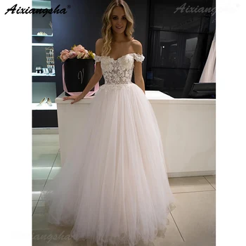 

Romantic Wedding Dresses 2019 robe de mariee Off the Shoulder Lace Appliques Tulle White Wedding Gowns Ivory Bride Dress