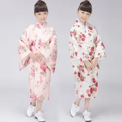 Ребенок традиционные японские кимоно для девочек длинное платье халат юката атласное платье Дети кимоно Japones для сцены Косплэй костюм 89