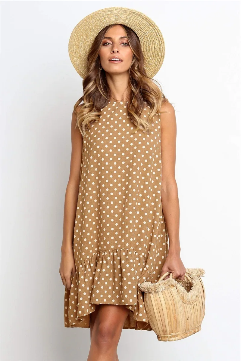 

2019 Women Summer Sleeveless Polka Dot Print Dress O Neck Ruffles Vintage Dresses Knee Length Party vestidos de festa