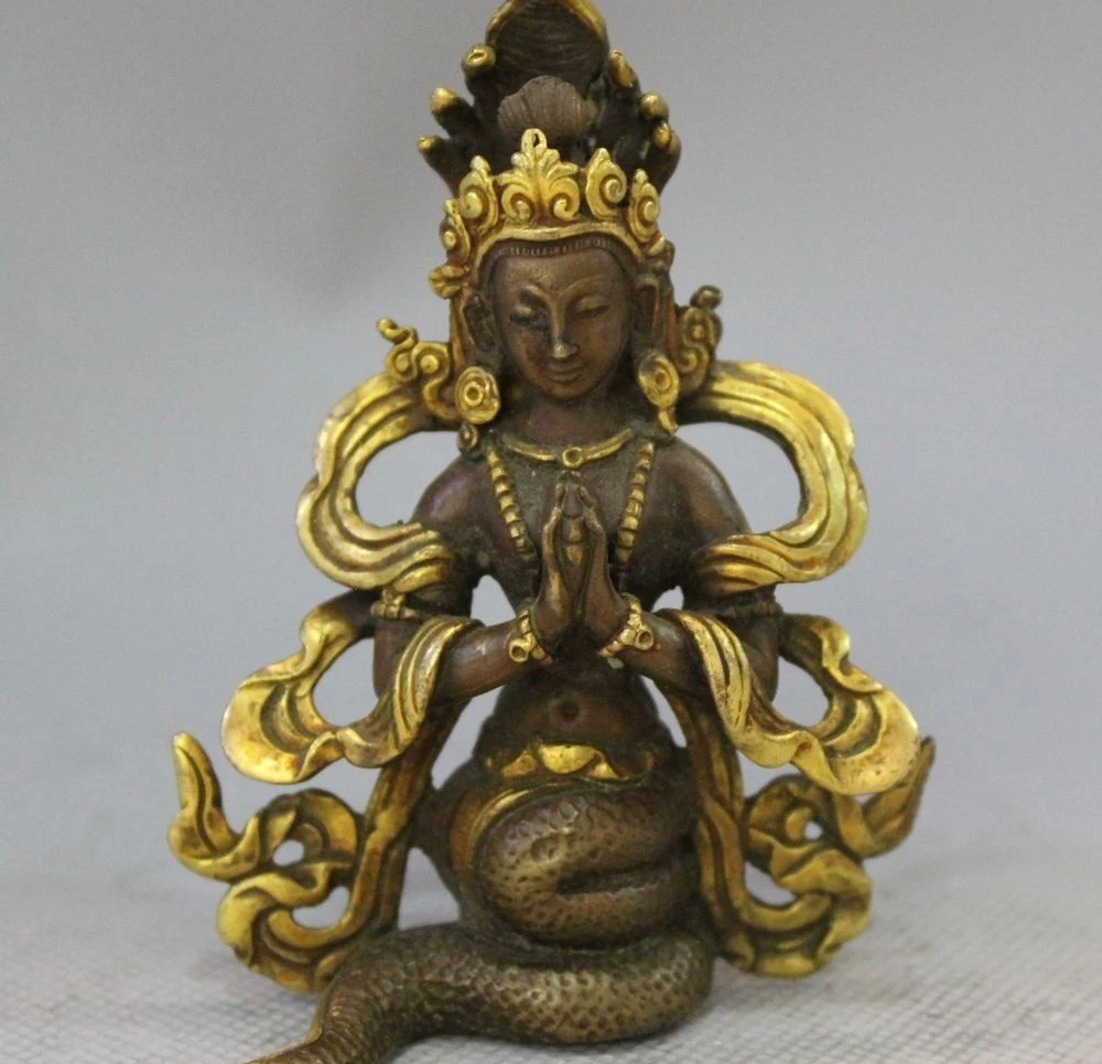 

4" Tibet Tibetan Bronze 24K Gold Naga Kanya Buddha 5 Snake Head Kwan-yin Statue