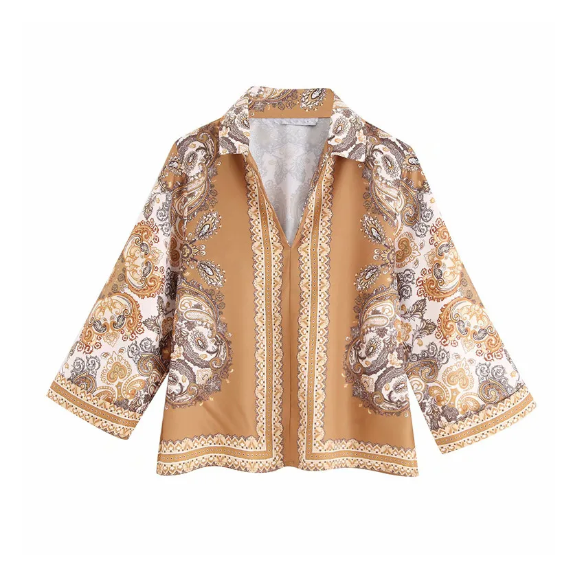 

Women elegant paisley print blouse three quarter sleeve V neck female 2019 casual wear shirts chic tops blusas