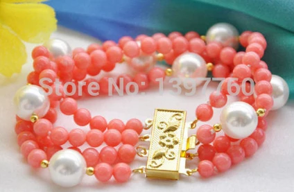 

Miss0028 4row 8" 6mm pink coral bead 12mm round white shell pearl bracelet