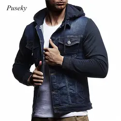 PUSEKY 2018 Новая мужская зимняя джинсовая куртка с капюшоном Топ Slim Fit Повседневная куртка на пуговицах джинсы пальто верхняя одежда черный