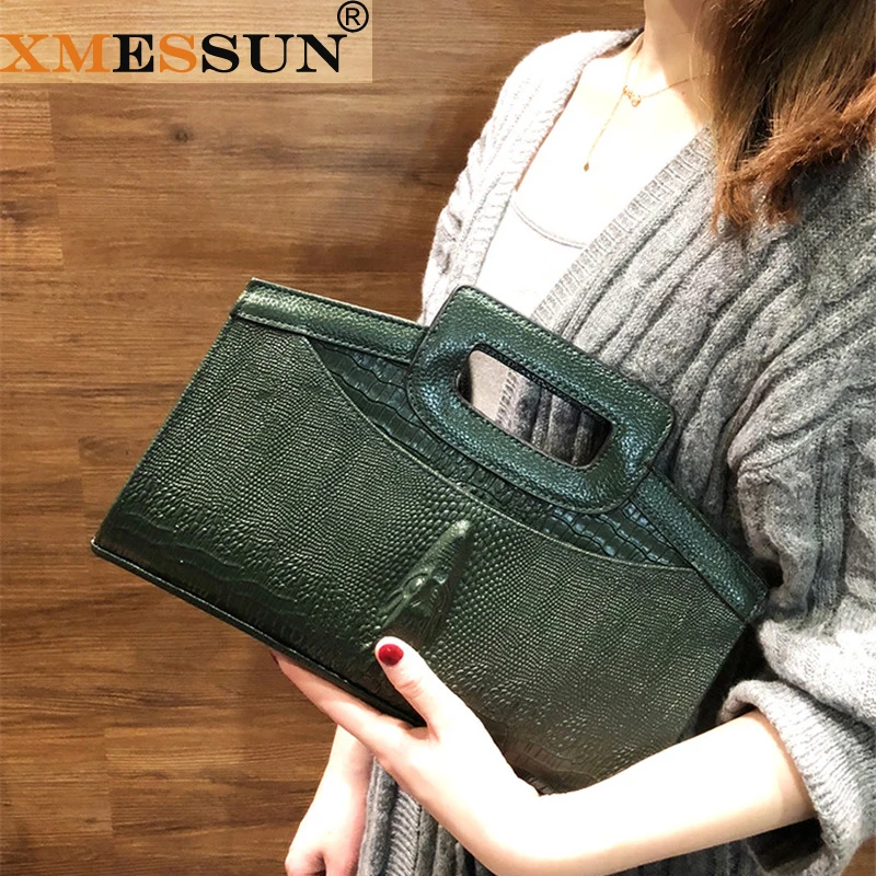 XMESSUN клатч на цепочке с узором «крокодиловая кожа», натуральная кожа для леди, модная сумка через плечо, зеленая Прямая поставка F102