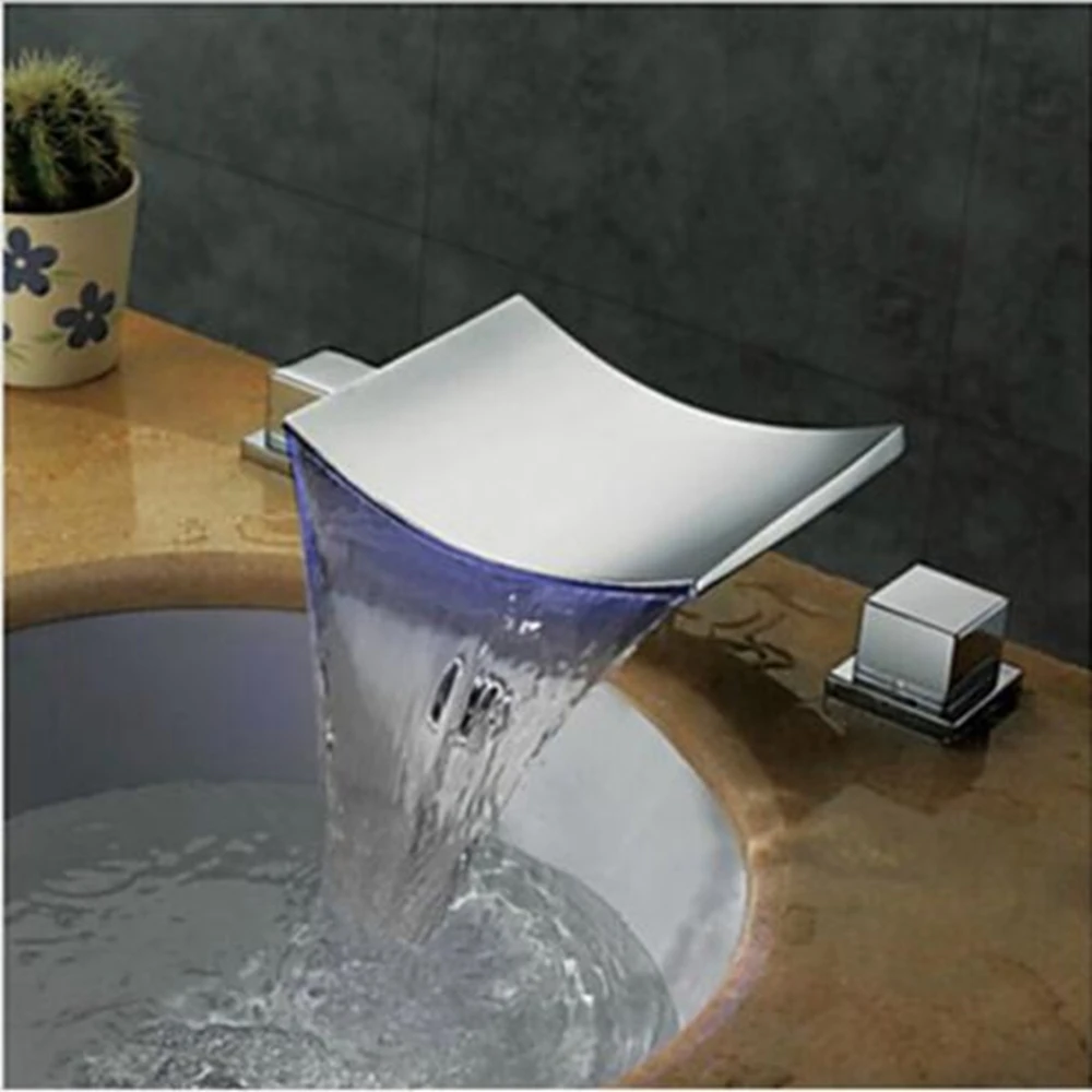 

Uythner Polished Chrome LED Square Waterfall Bathroom Basin Faucet Dual Handles Mixer