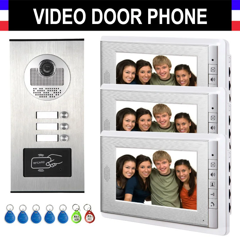 2/3/4 Units Apartment Intercom System Video Intercom Video Door Phone Kit 7 Inch Monitor with RFID keyfobs for 2-4 Household