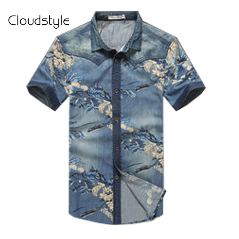 2017 New Brand Men Shirt Men's Casual Long Sleeve Denim Flower Shirts