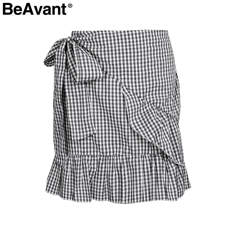 BeAvant Boho юбки с цветочным принтом женские весенние мини-юбки в горошек летние уличные юбки в полоску с оборками Женские - Цвет: Black White Plaid