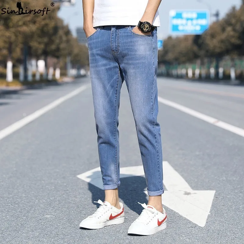

2019 Jeans Men's Cotton Casual Blue Jeans High Quality Korean Version Of The Small Feet Jeans Slim Jogging Stretch Jeans 27-36