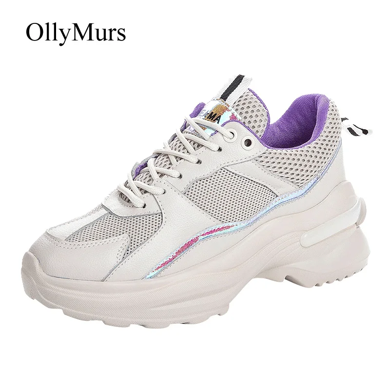 

Shoes Women Chunky Sneakers 2019 Spring New Genuine Leather zapatos de mujer Ladies Platform footware Patchwork chaussures femme