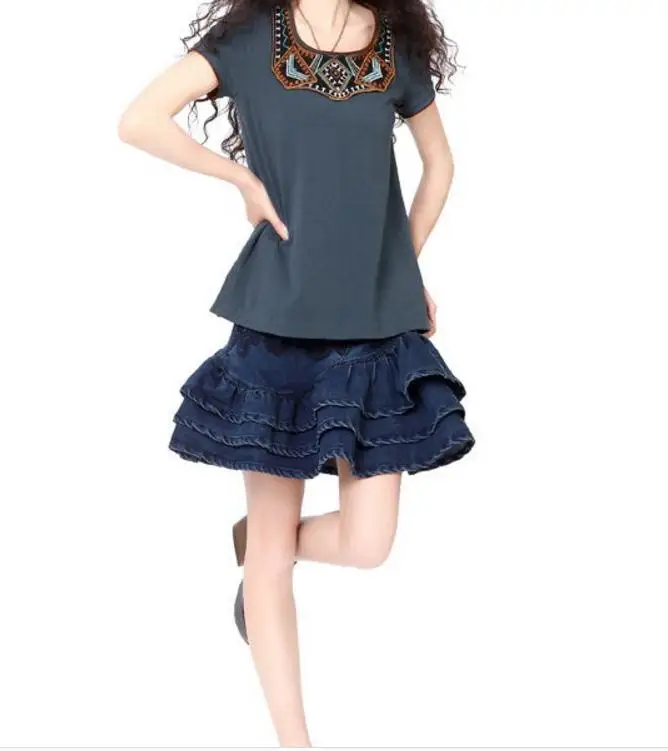 Новая весенняя женская юбка в стиле ретро с вышивкой и воланами, пышная юбка в складку, джинсовая мини-юбка