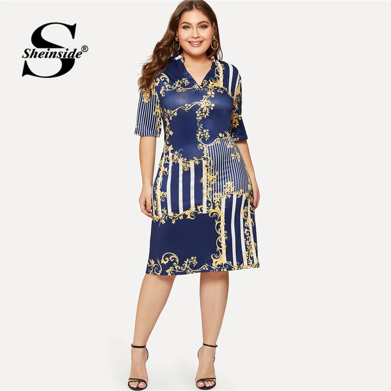 

Sheinside Plus Size V Neck Stripe Print Dress Women 2019 Summer Short Sleeve Patchwork Midi Dresses Ladies Bodycon Dress