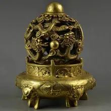 Коллекционный старинный Латунь Резьба двойной дракон и 5 голова льва Редкие большой религия ладан горелки