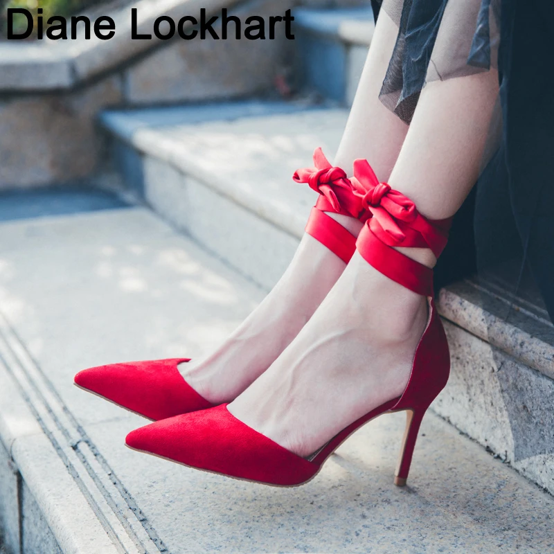 

Women Pumps Sexy High Heels Shoes ladies Lace Up Point Toe Party Wedding Pump Black Woman shoes 35-43 chaussures femme