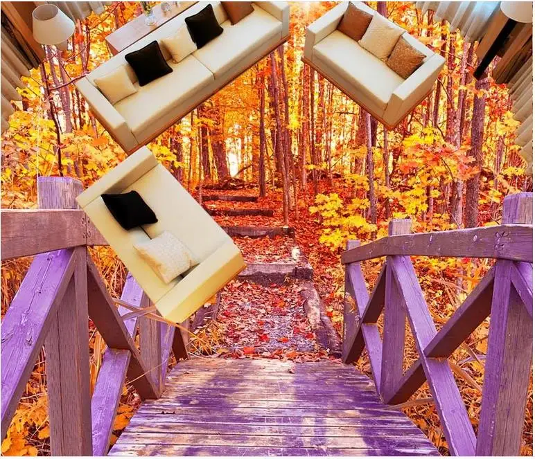 

Beautiful 3d flooring self adhesive wallpaper Wooden bridge fall forest 3d floor tiles for living room bedroom